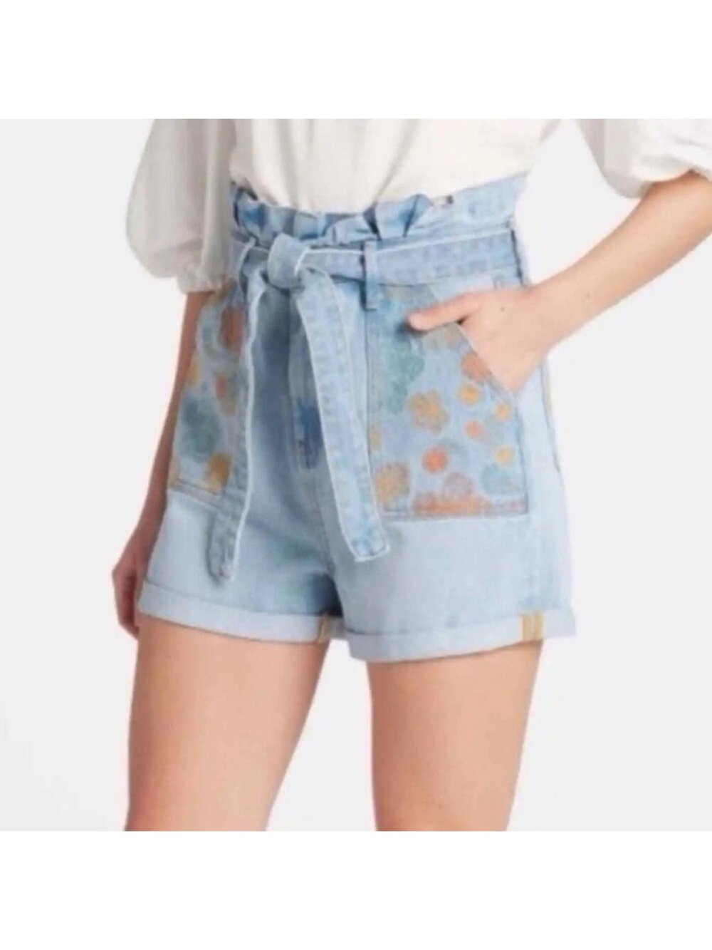 Light Blue Paperbag Denim Shorts with Floral Patch Pockets